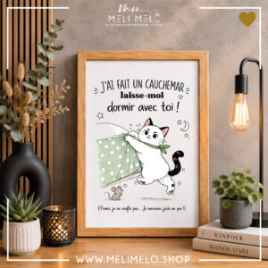 Cadre humoristique chat – J&rsquo;ai fait un cauchemar, laisse moi dormir avec toi