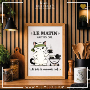 Cadre humoristique chat – Le matin, avant mon café, je suis de mauvais poil