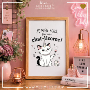 Cadre humoristique chat – Je m&rsquo;en fous, j&rsquo;ai un chat-licorne !