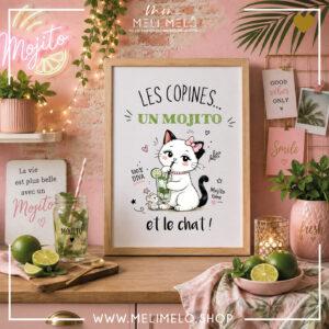 Cadre humoristique chat – Les copines, un mojito et le chat !