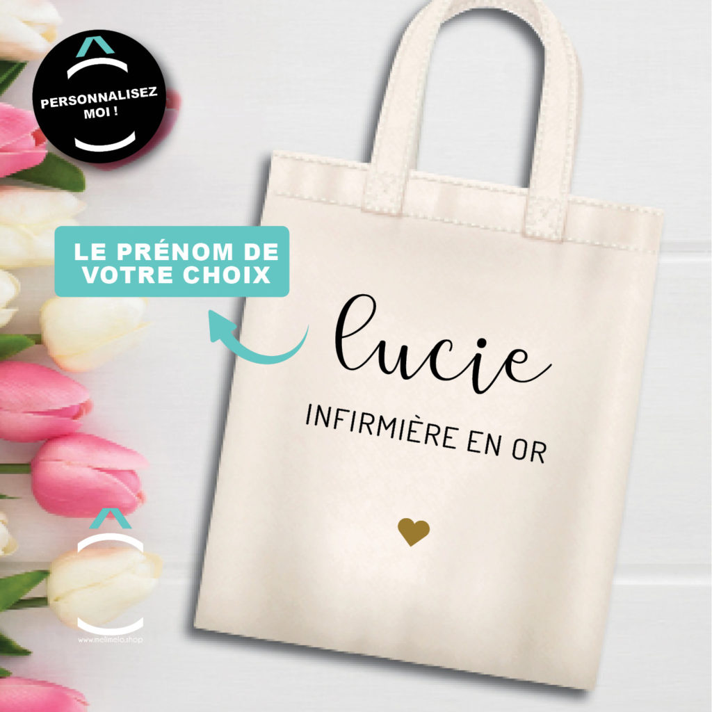 Sac fourre-tout personnalisé avec nom et naissance, motif stéthoscope