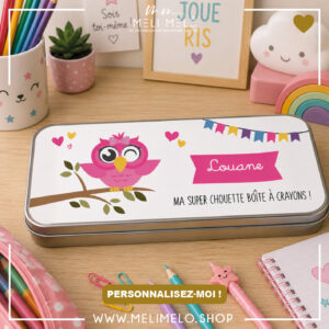 Plumier en métal personnalisé – Ma super chouette boîte à crayons