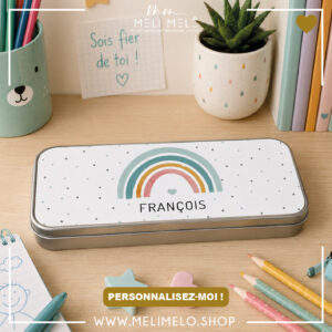 Plumier en métal personnalisé – Arc-en-ciel bleu