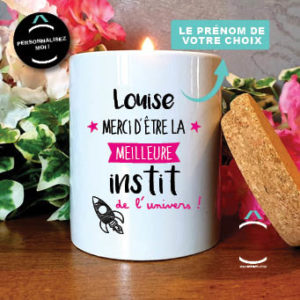 Bougies personnalisées avec couvercle en liège – Merci d’être la meilleure instit de l’univers