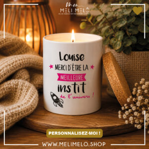 Bougie personnalisable avec couvercle en liège – Merci d&rsquo;être la meilleure instit de l&rsquo;univers !