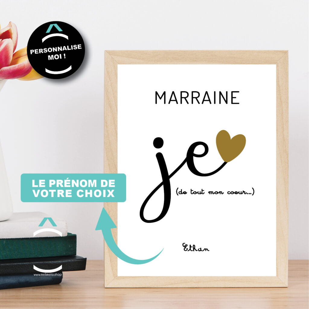 Cadre personnalisable – Marraine je t’aime de tout mon coeur – Méli Mélô