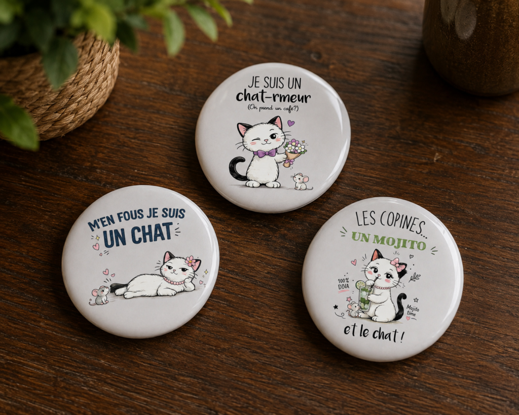 Nos badges, magnets et porte-clés "Chat'ouilles"